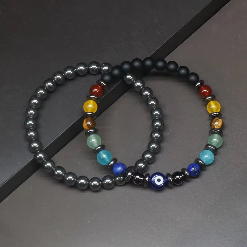 6MM Yoga 7 Chakra Bracelet for Men & Women, Hematite & Evil Eye