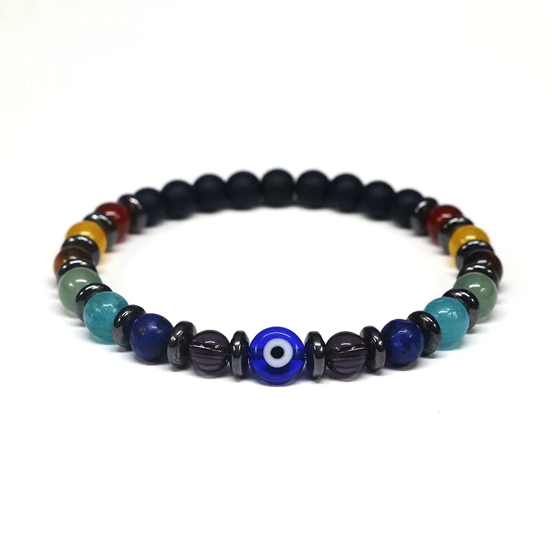 6MM Yoga 7 Chakra Bracelet for Men & Women, Hematite & Evil Eye