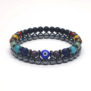 6MM Yoga 7 Chakra Bracelet for Men & Women, Hematite & Evil Eye