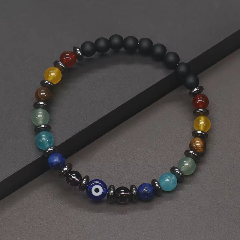 6MM Yoga 7 Chakra Bracelet for Men & Women, Hematite & Evil Eye