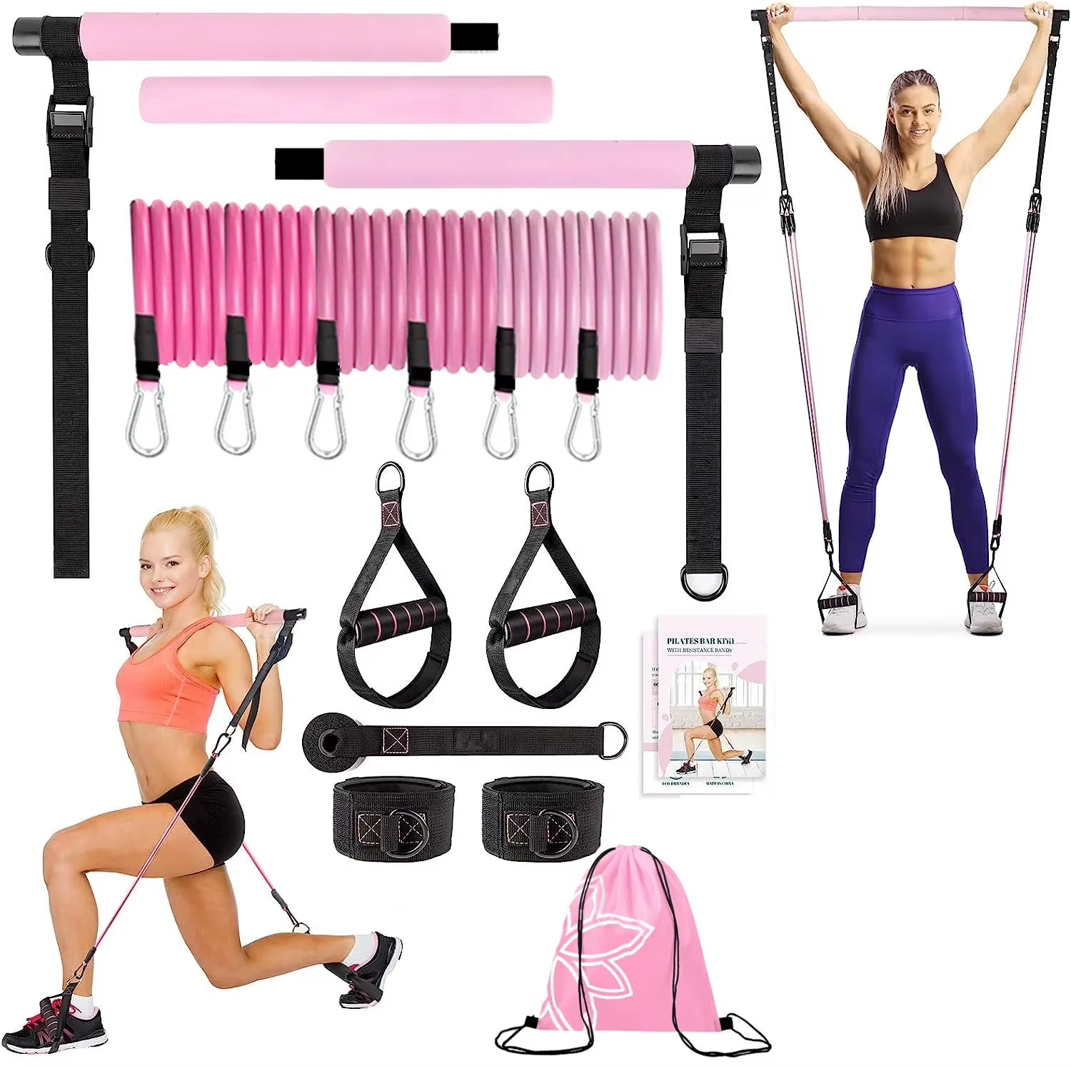 Portable Fitness Yoga Pilates Bar Kit with Resistance Bands