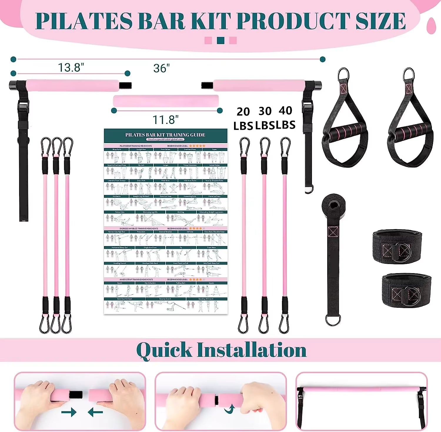 Portable Fitness Yoga Pilates Bar Kit with Resistance Bands