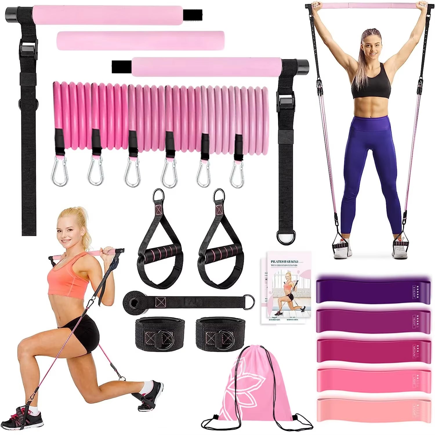 Portable Fitness Yoga Pilates Bar Kit with Resistance Bands