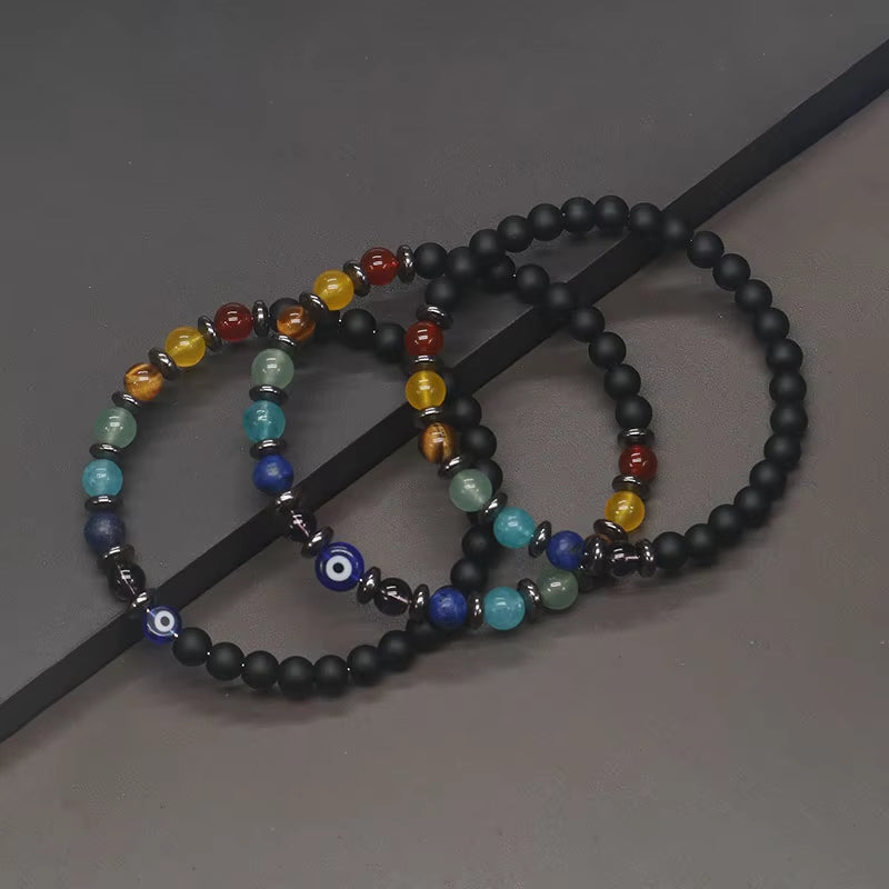 6MM Yoga 7 Chakra Bracelet for Men & Women, Hematite & Evil Eye